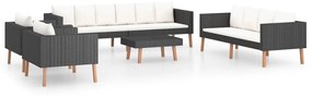Set mobilier de gradina cu perne, 5 piese, negru, poliratan Negru, Canapea cu 3 locuri + Canapea cu 2 locuri + 2x fotoliu + masa, 1