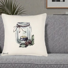 Perna Decorativa Felinar cu Lumanare si Conuri, 40x40 cm, Crem Reliefat, Husa Detasabila, Perna Inclusa, BEKZ®