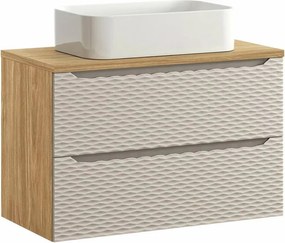 Set dulap baza suspendat 90 cm cu blat si lavoar Comad Ocean bej si stejar uleiat
