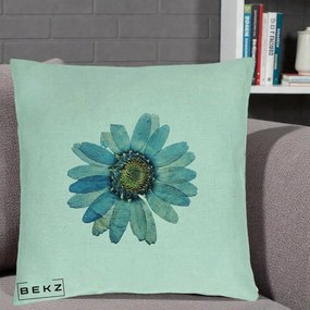 Perna Decorativa Floare Margareta Albastra Acuarela, 40x40 cm, Verde Menta, Husa Detasabila, Perna Inclusa, BEKZ®