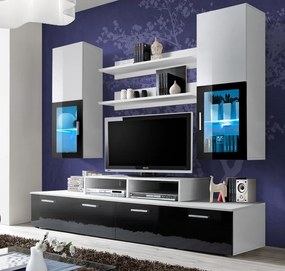 Mobilier living  sufragerie moderna, 200 cm lungime, alb lucios negru lucios alb,  mdf, led, vitrina neagra, Bortis