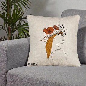 Perna Decorativa Portret Feminin Maci Rosii Auriu, 40x40 cm, Bej Canapea, Husa Detasabila, Perna Inclusa, BEKZ®