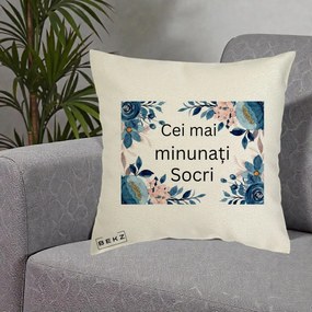 Cadou pentru Socri - Perna Personalizata Cei mai Minunati Socri cu Flori Albastre si Roz, 40x40 cm, Ecru, Husa Detasabila, Perna Inclusa, BEKZ®