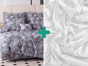 Set 2 bucati lenjerie din microfibra SNOWFLAKE albastru-gri + cearsaf Jersey 180x200cm alb, pat dublu