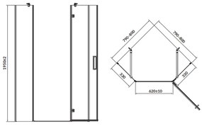 Cabina de dus pentagonala 80x80 cm Cersanit Jota, crom cu usa batanta dreapta 800x800 mm, Dreapta, Crom lucios