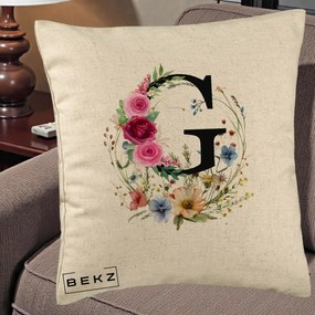 Cadou Personalizat - Perna Personalizata Monogram Litera G cu Flori Acuarela, 40x40 cm, Bej, Husa Detasabila, Perna Inclusa, BEKZ®