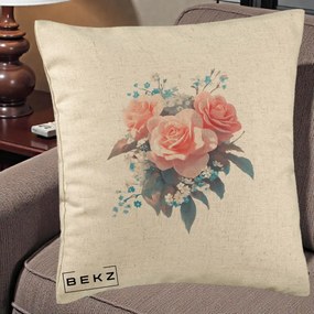 Perna Decorativa Trandafiri Roz cu Floricele Albastre, 40x40 cm, Bej, Husa Detasabila, Perna Inclusa, BEKZ®