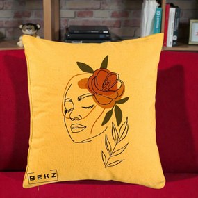 Perna Decorativa Portret Feminin Trandafir Ruginiu, 40x40 cm, Galben, Husa Detasabila, Perna Inclusa, BEKZ®
