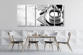 Tablou 5-piese o cană de cafea cu atingere de toamnă în design alb-negru