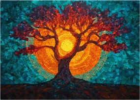 Tablou pe sticlă - Arborele vieții și soarele în mozaic (70x50 cm)