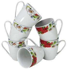 Set Elegant de 6 Căni de Cafea cu Motive Florale Roșii din Porțelan