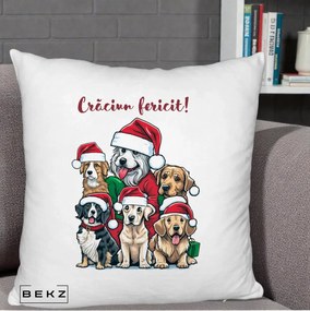 Perna Decorativa Caini cu Bonete Craciun Fericit, 40x40 cm, Alb Pufos, Husa Detasabila, Perna Inclusa, BEKZ®
