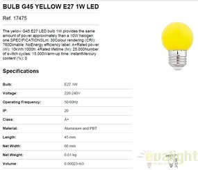 Bec LED E27 G45 galben 1W 17475