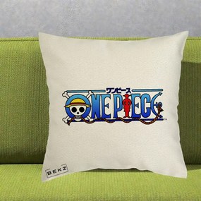 Perna Personalizata One Piece Clasic Albastru, 40x40 cm, Ecru, Husa Detasabila, Perna Inclusa, BEKZ®