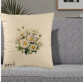 Perna Decorativa Buchet Margarete Albe Acuarela, 40x40 cm, Bej, Husa Detasabila, Perna Inclusa, BEKZ®