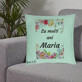 Cadou de Onomastica - Perna Personalizata La Multi Ani Maria Flori Acuarela, 40x40 cm, Verde Menta, Husa Detasabila, Perna Inclusa, BEKZ®
