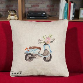 Perna Decorativa Scuter Albastru cu Flori Acuarela, 40x40 cm, Bej Canapea, Husa Detasabila, Perna Inclusa, BEKZ®