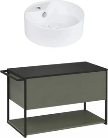Set dulap baza suspendat Krofam Lov verde-negru 80 cm blat negru si lavoar 38 cm