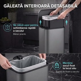 HOMCOM Coș de gunoi dreptunghiular cu pedală 30L, cu găleată interioară detașabilă, închidere silențioasă, mâner, gri închis | Aosom Romania