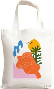 Sacosa de Panza pentru Cumparaturi, Geanta Tote, model Abstract Connection, 38x34.5 cm, Alba, BEKZ®