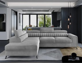 Colțar gri extensibil/cu spațiu de depozitare cu tapițerie din catifea (cu colț pe partea stângă/în formă de ”L”) Laurence – ELTAP