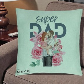 Cadou pentru Tata - Perna Personalizata Super Dad Tata cu Fetita si Flori, 40x40 cm, Verde Menta, Husa Detasabila, Perna Inclusa, BEKZ®