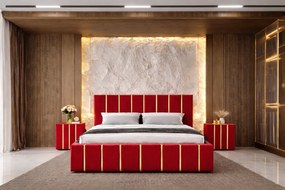 Pat tapitat Hugo 180x200 cm, Rosu+ Saltea Superortopedica Gold, grosime 20 cm + Set 2 noptiere Hugo, Rosu