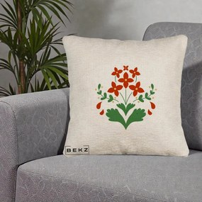 Perna Decorativa Buchet Floral Folk Rosu-Verde, 40x40 cm, Bej Canapea, Husa Detasabila, Perna Inclusa, BEKZ®