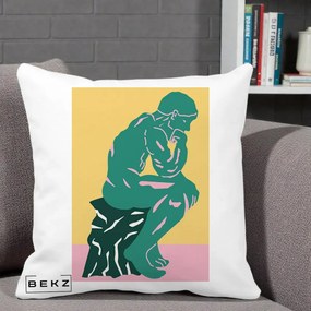 Perna Decorativa Ganditorul Sculptura Pop Art, 40x40 cm, Alba Mata, Husa Detasabila, Perna Inclusa, BEKZ®