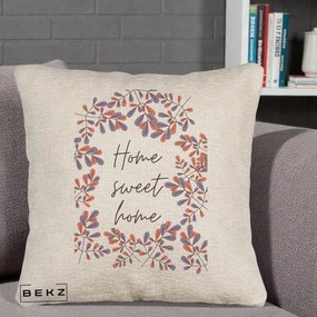 Perna Decorativa Home Sweet Home Frunze Colorate, 40x40 cm, Bej Canapea, Husa Detasabila, Perna Inclusa, BEKZ®