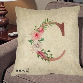 Cadou Personalizat - Perna Personalizata Monograma Rose Gold Litera C, 40x40 cm, Crem, Husa Detasabila, Perna Inclusa, BEKZ®