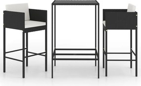 vidaXL Set mobilier bar de grădină cu perne, 3 piese, negru, poliratan