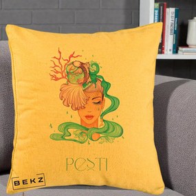 Perna Personalizata Zodiac Pesti Cowgirl, 40x40 cm, Galben, Husa Detasabila, Perna Inclusa, BEKZ®