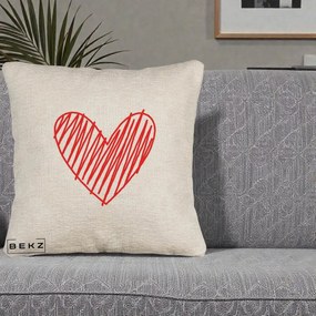Perna Decorativa Inima Rosie Desen Manual, 40x40 cm, Bej Canapea, Husa Detasabila, Perna Inclusa, BEKZ®