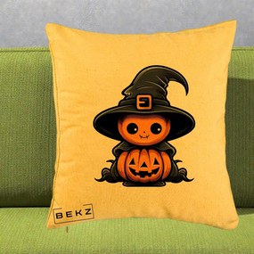 Perna Decorativa Halloween Dovleac Vrajitor Kawaii, 40x40 cm, Galben, Husa Detasabila, Perna Inclusa, BEKZ®