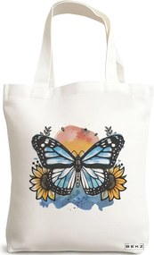 Sacosa de Panza pentru Cumparaturi, Geanta Tote Blue Butterfly, 38x34.5 cm, Alba, BEKZ®