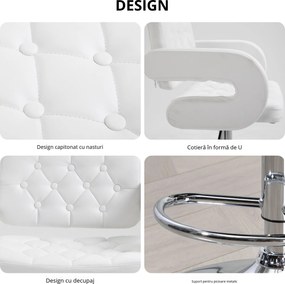 HOMCOM Scaun inalt de bar cu Spatar si Brate, Reglabil, Rotativ din Piele sintetica Alba, pentru Bucatarie sau Pub, 64x50x94-114cm | Aosom Romania