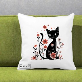Perna Decorativa Pisica Neagra Flori Roz si Inimi, 40x40 cm, Alba Mata, Husa Detasabila, Perna Inclusa, BEKZ®