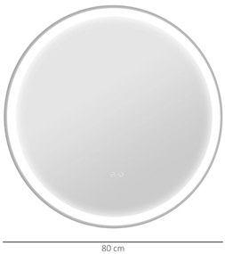 kleankin Oglindă rotundă luminată cu LED pentru baie Ø 80 cm montabil cu iluminare 3 culori comutator tactil 46W alb argintiu | Aosom Romania