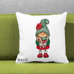 Perna Decorativa Gnom Craciun Verde cu Bomboane si Floare, 40x40 cm, Alba Mata, Husa Detasabila, Perna Inclusa, BEKZ®