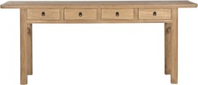 Consolă din lemn masiv de ulm, natur, blat lung, 4 sertare cu mânere metalice, picioare drepte cu traverse, finisaj natural, 85 x 200 x 42 cm,