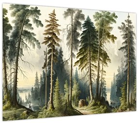 Tablou pe sticlă - Peisaj de epocă de păduri (70x50 cm)
