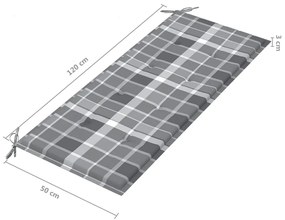 Banca de gradina stivuibila cu perna, 128,5 cm, lemn masiv tec 120 cm, model gri carouri, 1, 120 cm