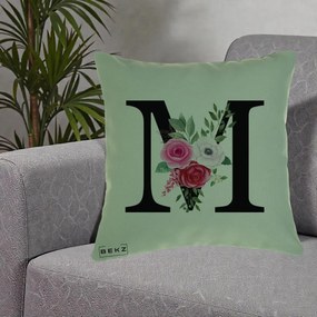 Cadou Personalizat - Perna Personalizata Monograma Florala Litera M cu Trandafiri si Anemona, 40x40 cm, Verde, Husa Detasabila, Perna Inclusa, BEKZ®