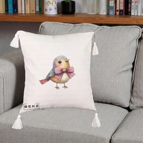 Perna Decorativa Pasare Bleu cu Fundita Roz, 40x40 cm, Bej cu Franjuri, Husa Detasabila, Perna Inclusa, BEKZ®