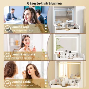 HOMCOM Stație de Machiaj cu Lumini LED în 3 Culori, Oglindă Rabatabilă, Scaun Ascuns, Măsuță de Machiaj cu Scaun Îmbunătățit, 3 Sertare, Compartiment, Dulap cu Uși din Sticlă, Modern, Alb | Aosom Romania
