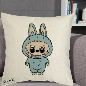 Perna Personalizata Labubu Albastru-Gri Solo, 40x40 cm, Ecru, Husa Detasabila, Perna Inclusa, BEKZ®