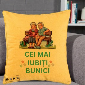 Cadou pentru Bunici - Perna Personalizata Cei Mai Iubiti Bunici Cuplu pe Banca Ilustratie, 40x40 cm, Galben, Husa Detasabila, Perna Inclusa, BEKZ®