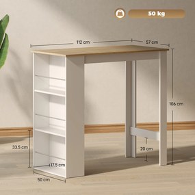 HOMCOM Masă de Bar cu 3 Polițe și Bară de Protecție, Blat de Bucătărie din Oțel și PAL, 112x57x106 cm, Alb | Aosom Romania