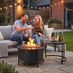 Outsunny Focar 66 x 63 x 41 cm Rotund loc de foc cu grătar, cârlig, capac, suport Negru | Aosom Romania